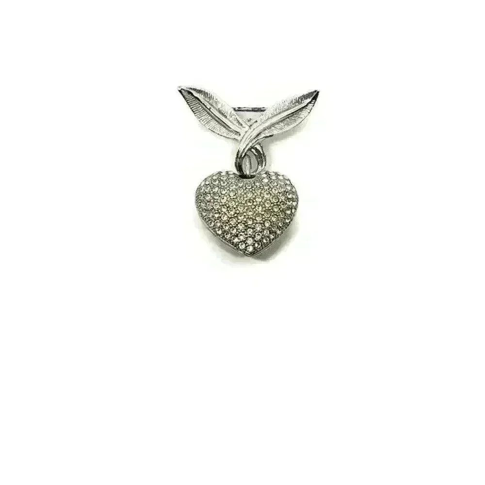 Vintage silver PUFFY HEART Charm Rhinestone Brooch Bow Signed CORO Pierced